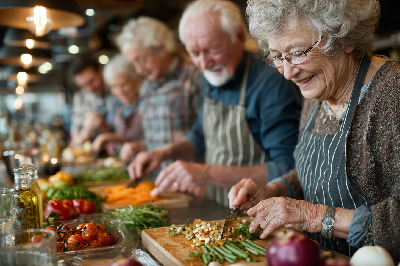 Възрастни хора готвят здравословна храна заедно